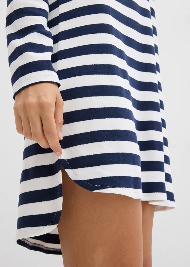 High-low jurk van zwaar katoen • donkerblauw/wolwit gestreept • bonprix online shop