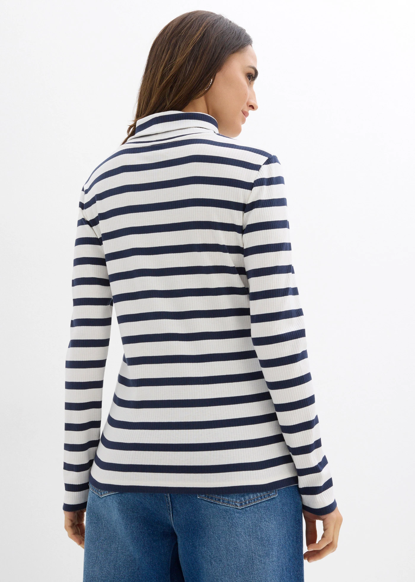 T-shirt col roulé 100% coton • écru-bleu foncé rayé • Boutique bonprix