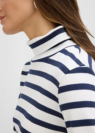 T-shirt col roulé 100% coton • écru-bleu foncé rayé • Boutique bonprix