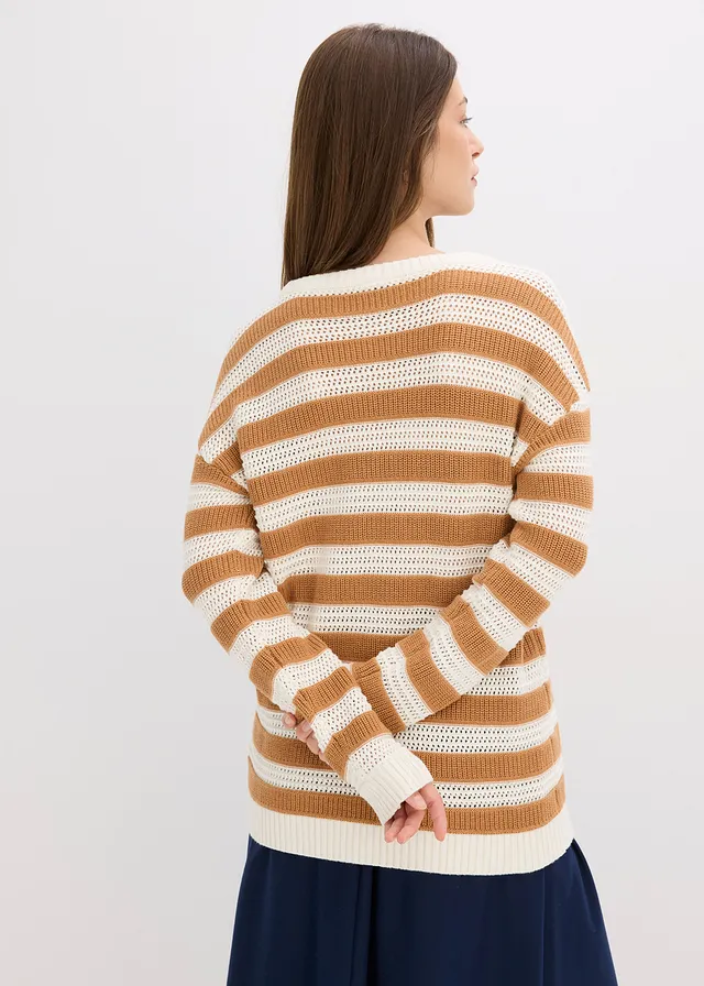 Pull oversize 100% coton, Couleur: noisette/écru rayé