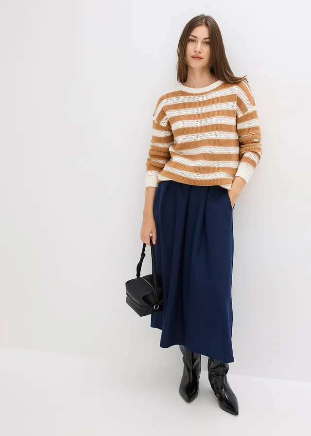 Pull oversize 100% coton, Couleur: noisette/écru rayé