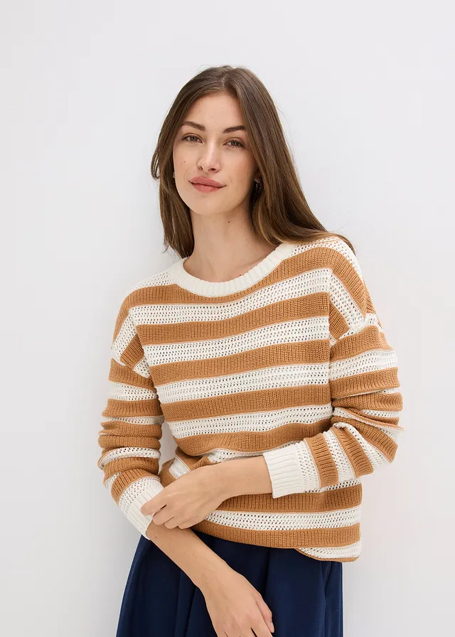 Pull oversize 100% coton, Couleur: noisette/écru rayé