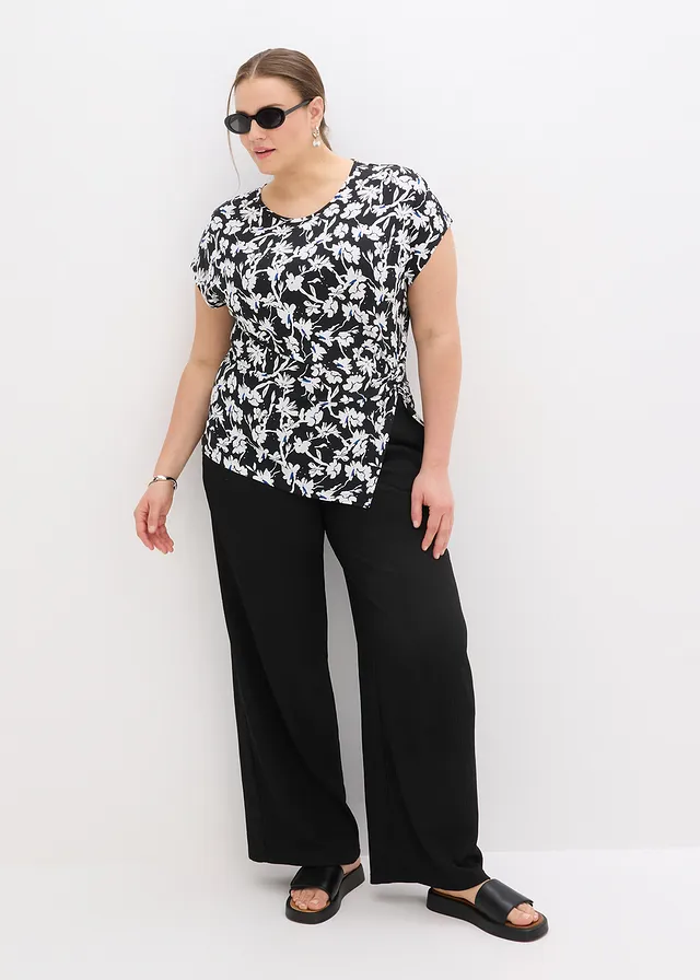 T-shirt avec effet noué, Couleur: noir-blanc floral
