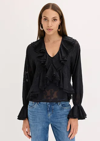 Licht transparante chiffonblouse, Kleur: zwart