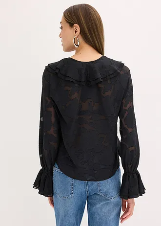 Licht transparante chiffonblouse, Kleur: zwart