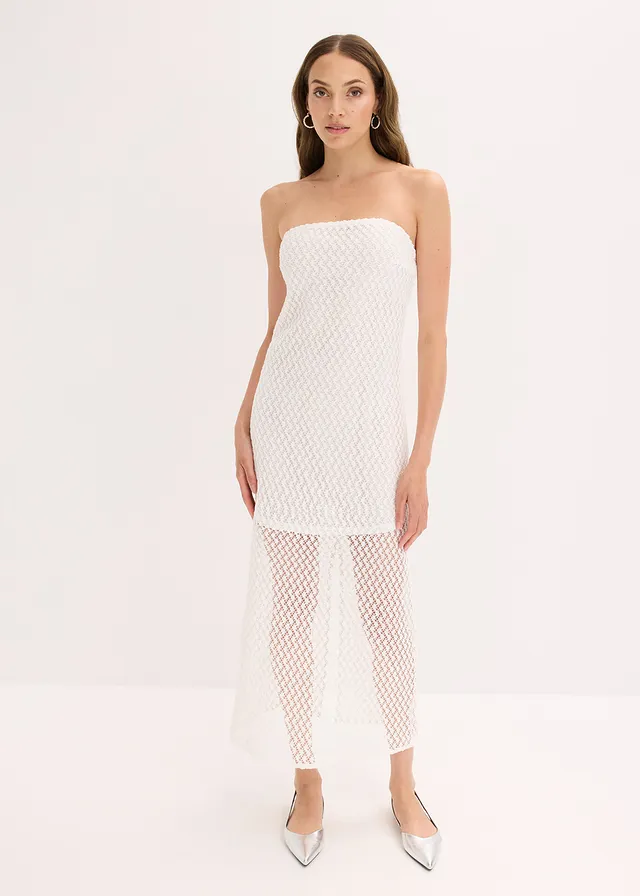 Robe col Bardot avec dentelle, Couleur: blanc