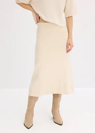 Uitlopende gebreide rok, Kleur: kiezelbeige gemêleerd