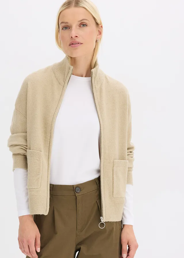 Gilet zippé en maille, Couleur: roseau mat