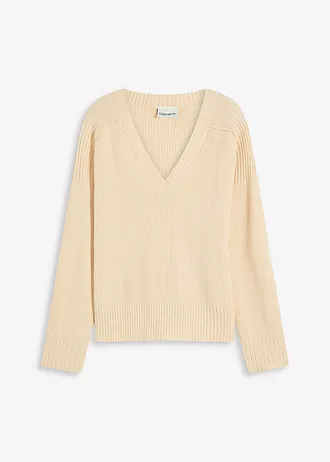 Oversized trui met V-hals, Kleur: kiezelbeige gemêleerd