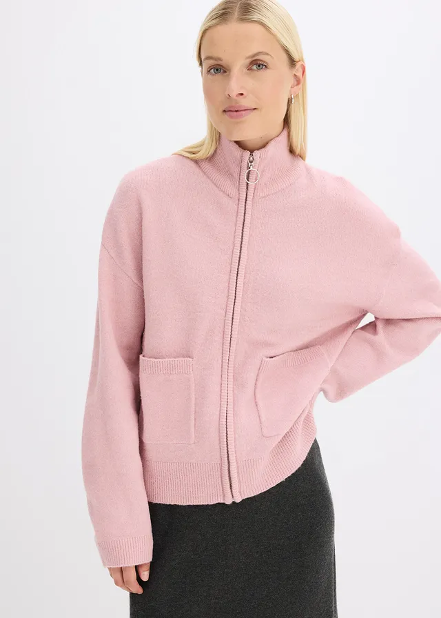 Pletený kabátek se zapínáním na zip, barva: popelavě růžová