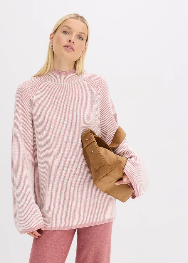 Pull oversize à col montant, Couleur: rose cendré chiné