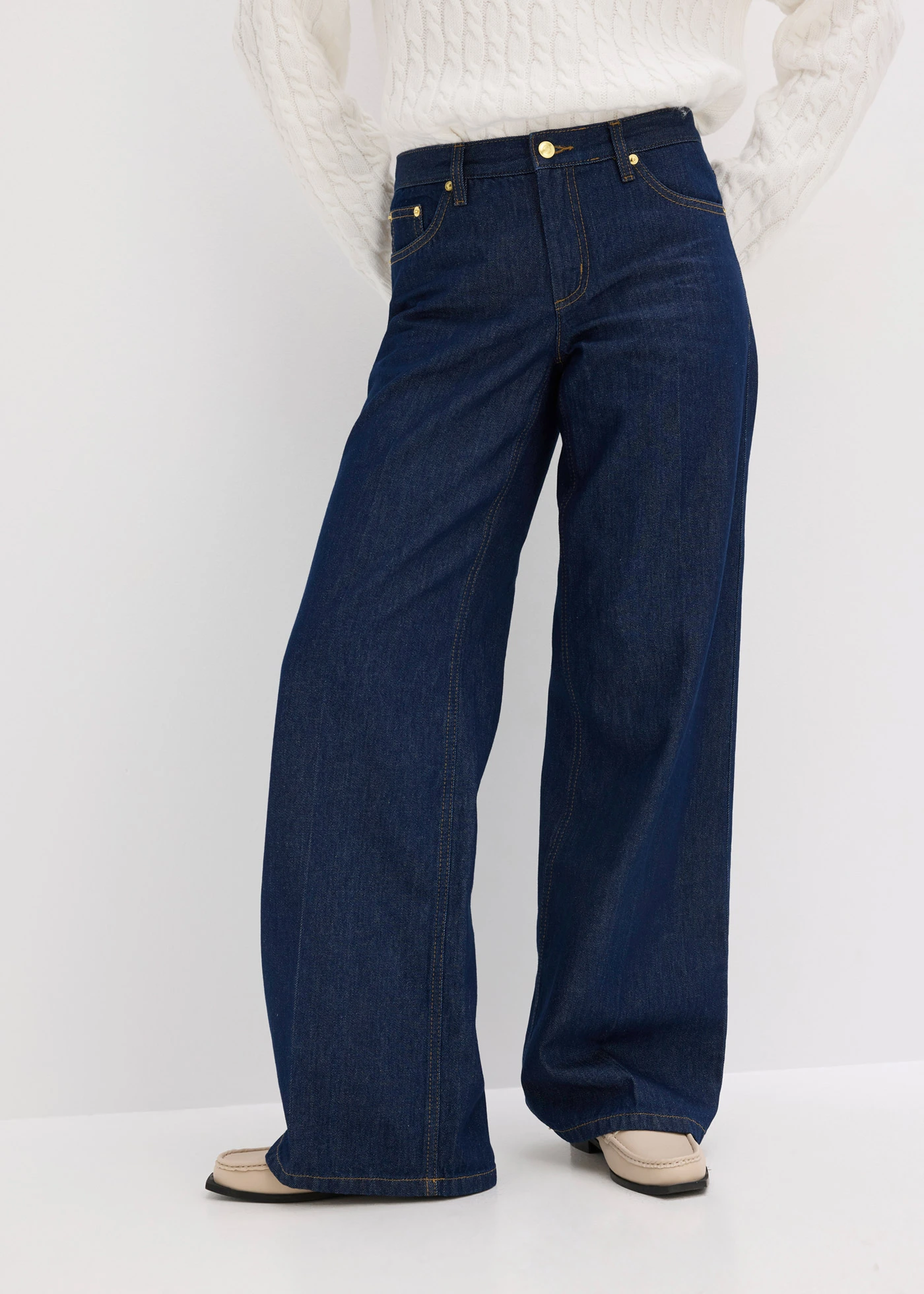 Wide Leg farmer, Mid Waist • mélykék denim, nincs előmosva • bonprix áruház