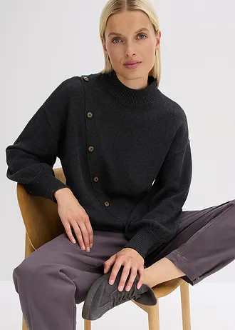 Svetr s knoflíkovou lištou • antracitový melír • bonprix obchod
