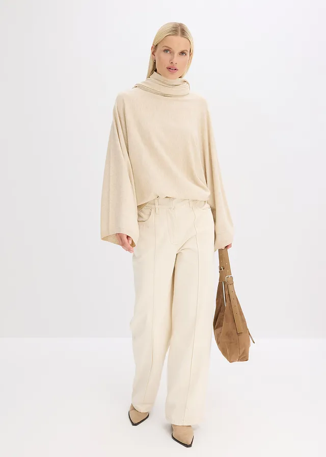 Fijn gebreide trui van een zachte viscosemix, Kleur: kiezelbeige gemêleerd