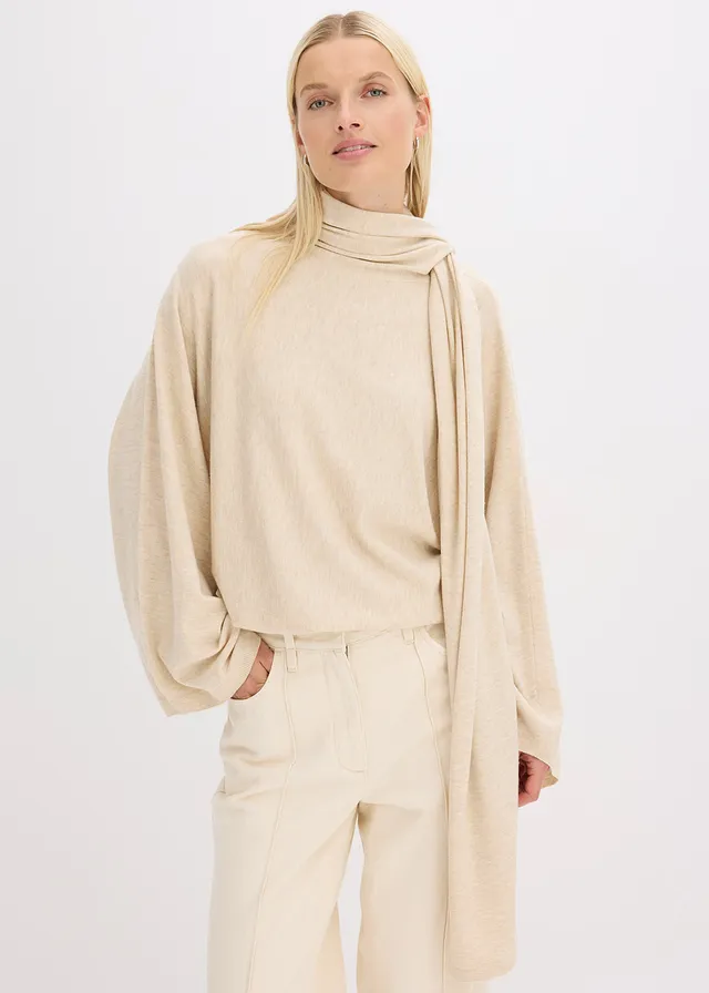 Fijn gebreide trui van een zachte viscosemix, Kleur: kiezelbeige gemêleerd