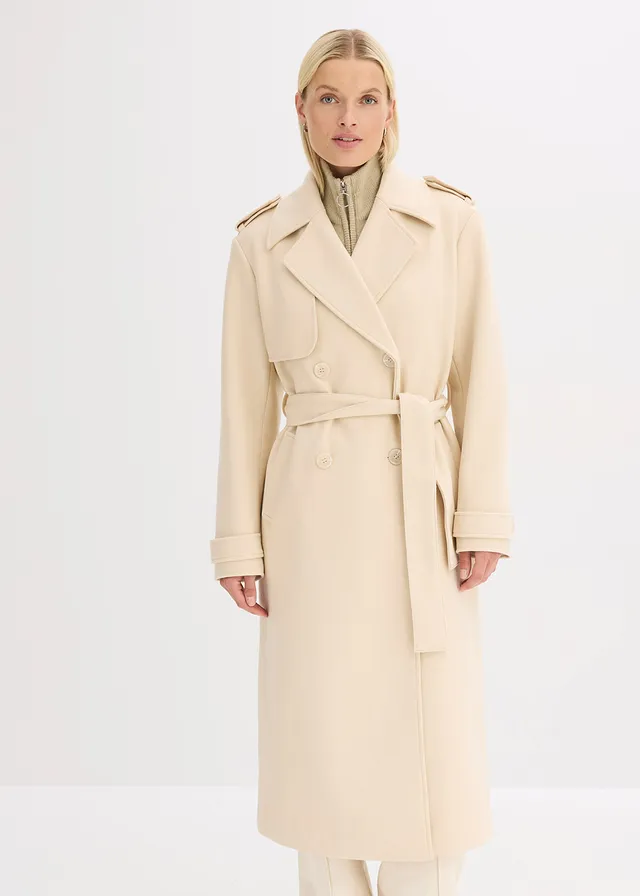Trenchcoat in wollen look, Kleur: kiezelbeige