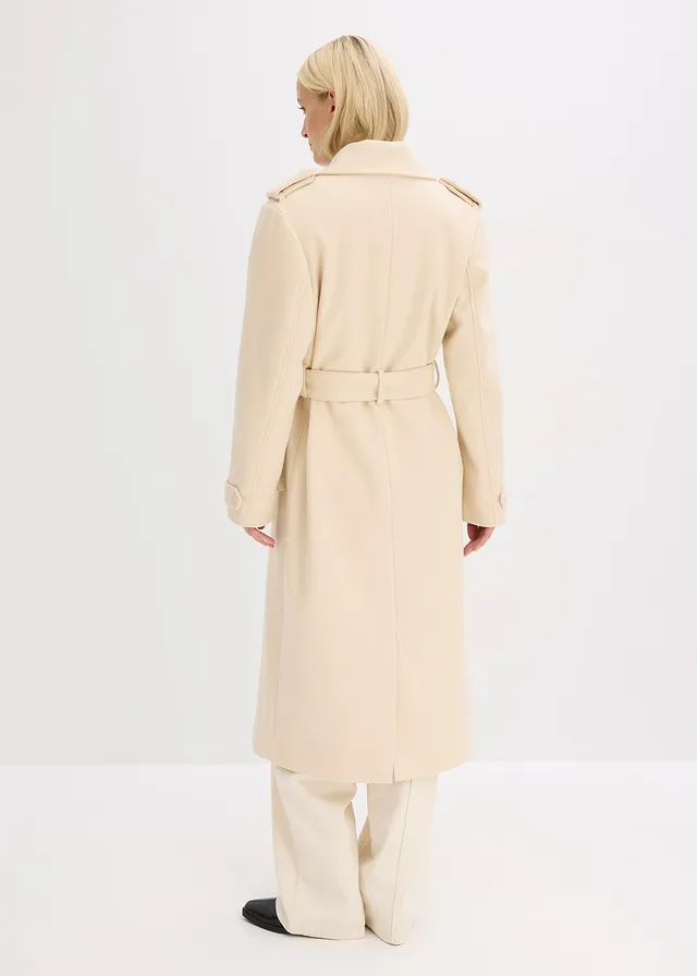 Trenchcoat in wollen look, Kleur: kiezelbeige