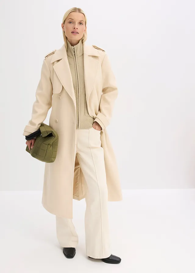 Trenchcoat in wollen look, Kleur: kiezelbeige