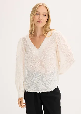 Blouse met bloemenstructuurpatroon, Kleur: crème