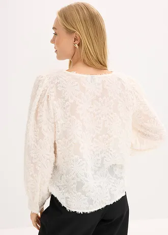 Blouse met bloemenstructuurpatroon, Kleur: crème