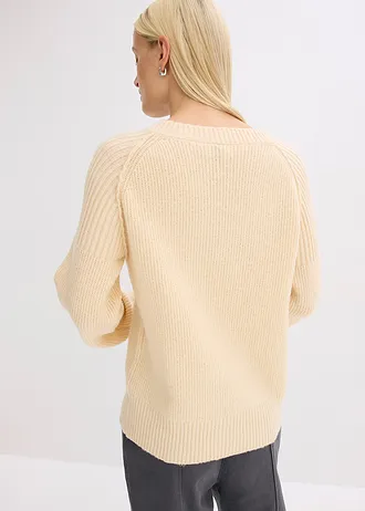 Oversized trui met V-hals, Kleur: kiezelbeige gemêleerd