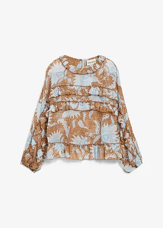 Chiffon blouse met ruches, Kleur: toffee-wolwit gedessineerd