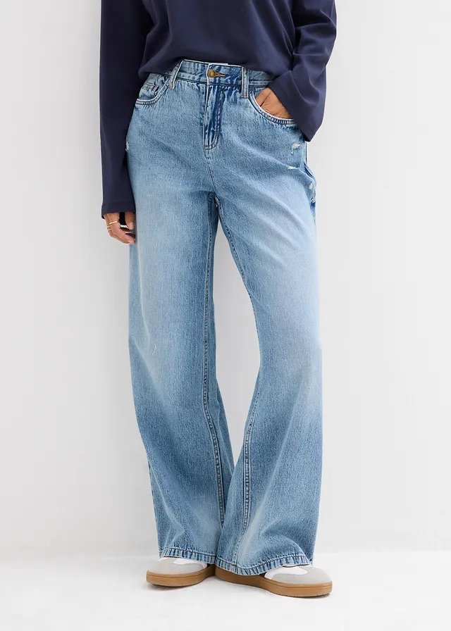 Jean large, taille mi-haute, en denim peu extensible, Couleur: denim bleu clair used