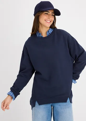 Oversized sweater met splitten van zachte badstof, Kleur: donkerblauw