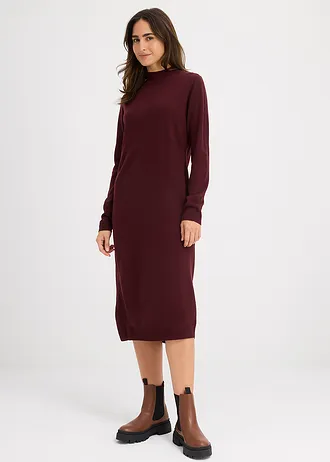 Fijn gebreide jurk met opstaande kraag, Kleur: wijnrood