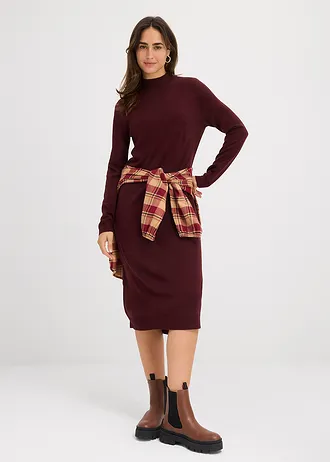 Fijn gebreide jurk met opstaande kraag, Kleur: wijnrood