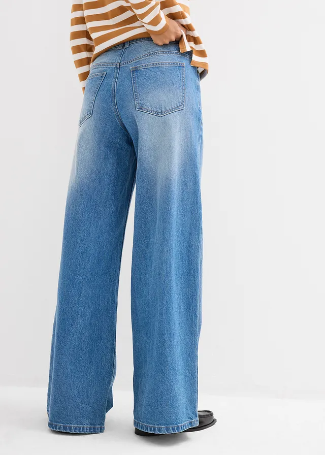 Jean large taille mi-haute, Couleur: bleu moyen denim used