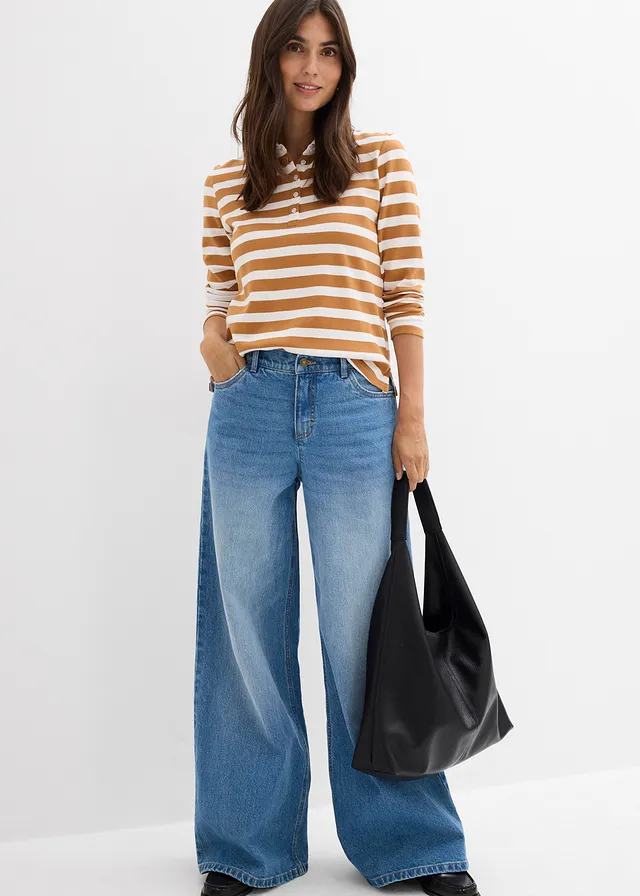Jean large taille mi-haute, Couleur: bleu moyen denim used