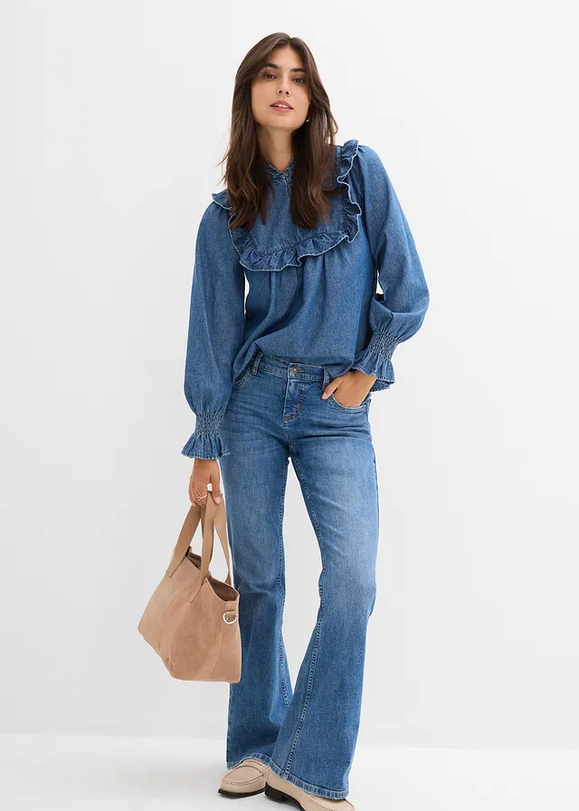 Spijkerblouse met ruches, Kleur: blauw denim used