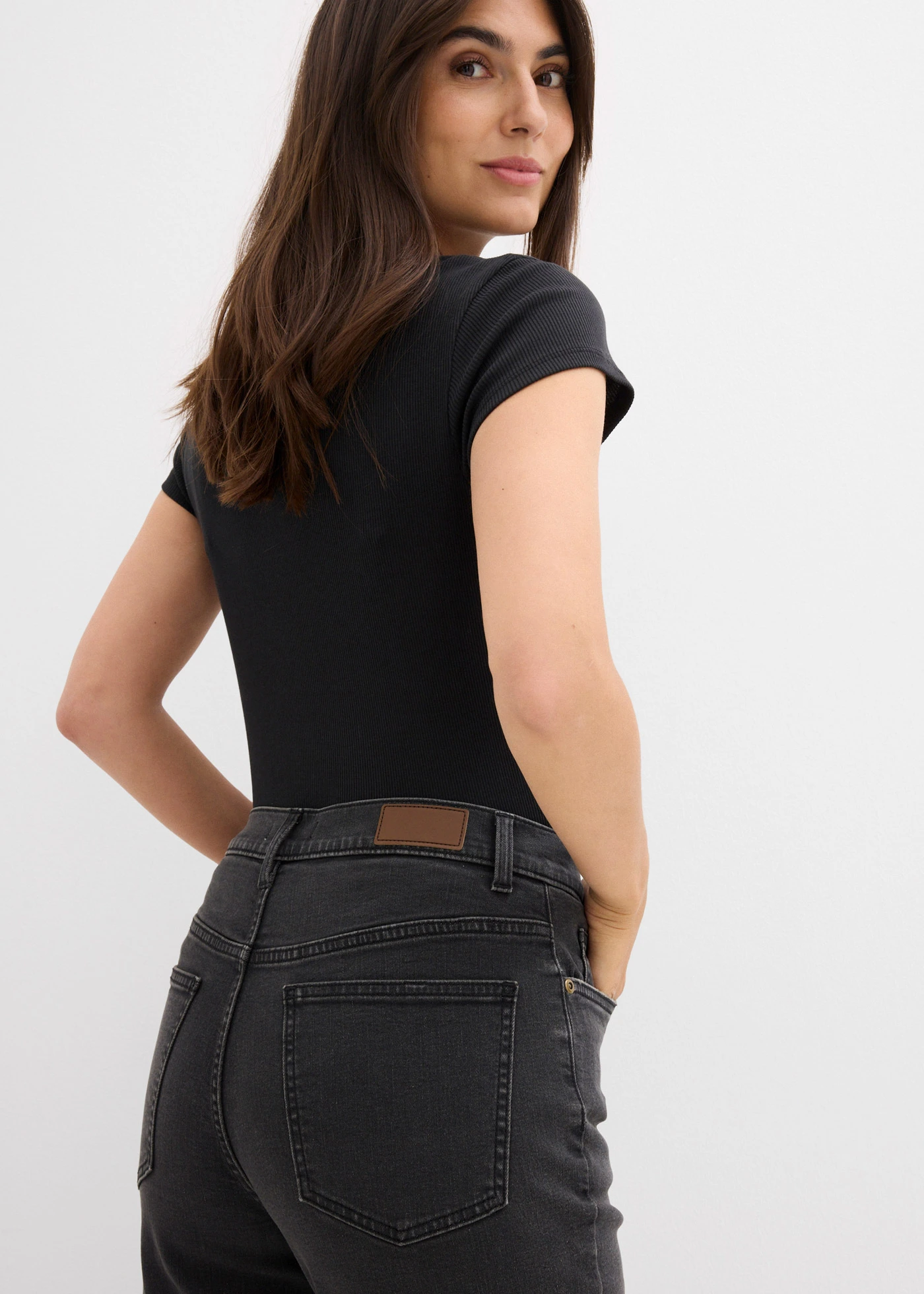 Zkrácené džíny Straight, High Waist • tmavě šedý denim used • bonprix obchod