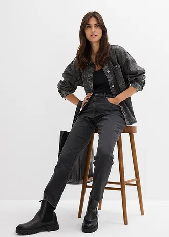 Dżinsy cropped, high waist, straight • ciemnoszary denim "used" • sklep bonprix