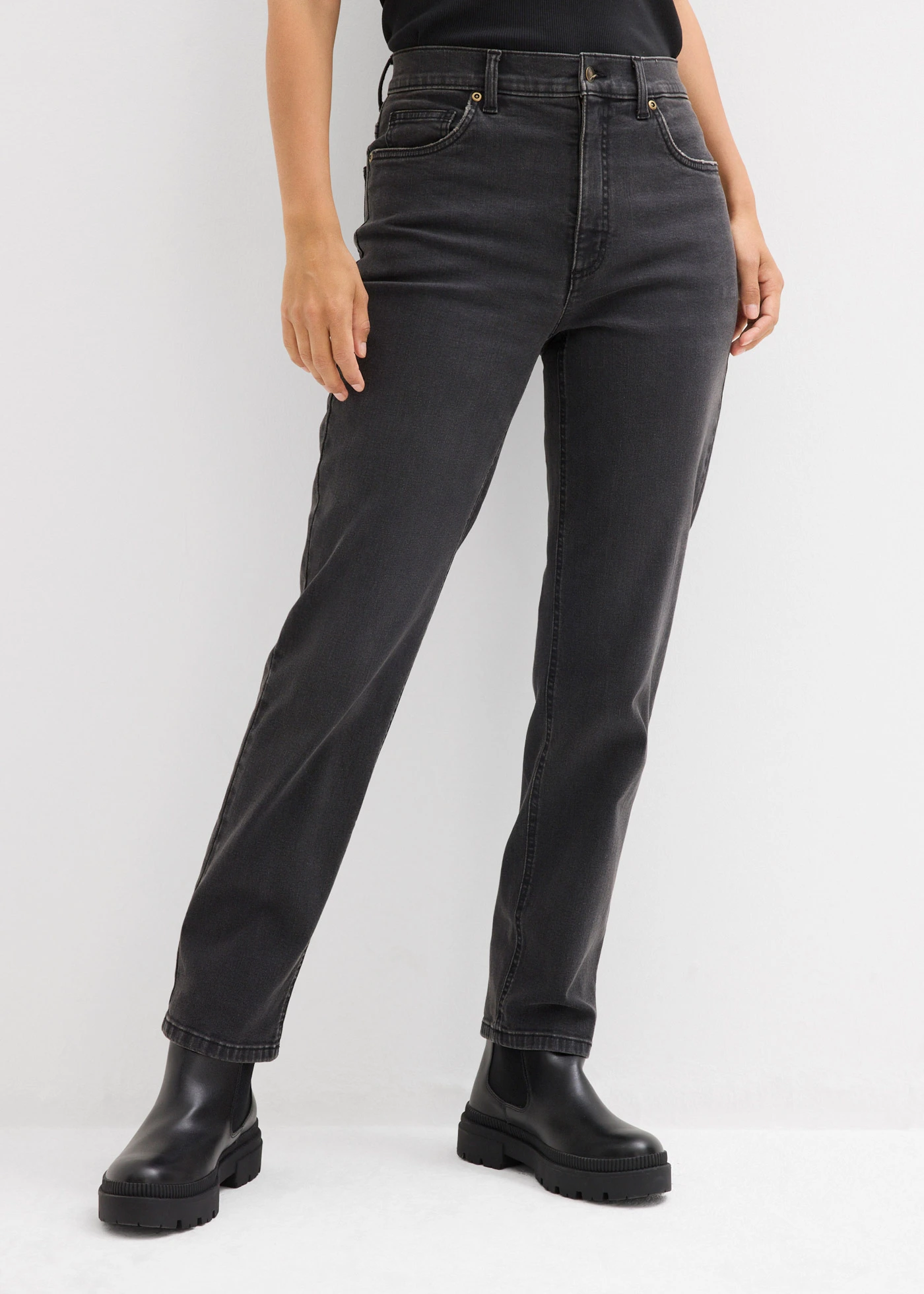 Zkrácené džíny Straight, High Waist • tmavě šedý denim used • bonprix obchod