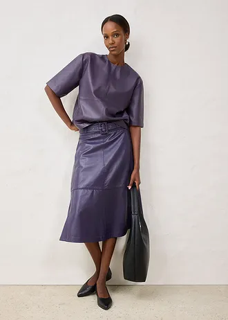 Leren rok van lamsnappa met riem (2-dlg. set), Kleur: prune