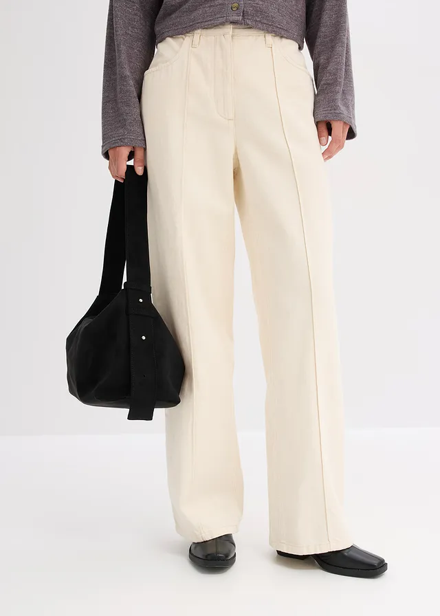 Pantalon en twill 100% coton, Couleur: beige galet délavé