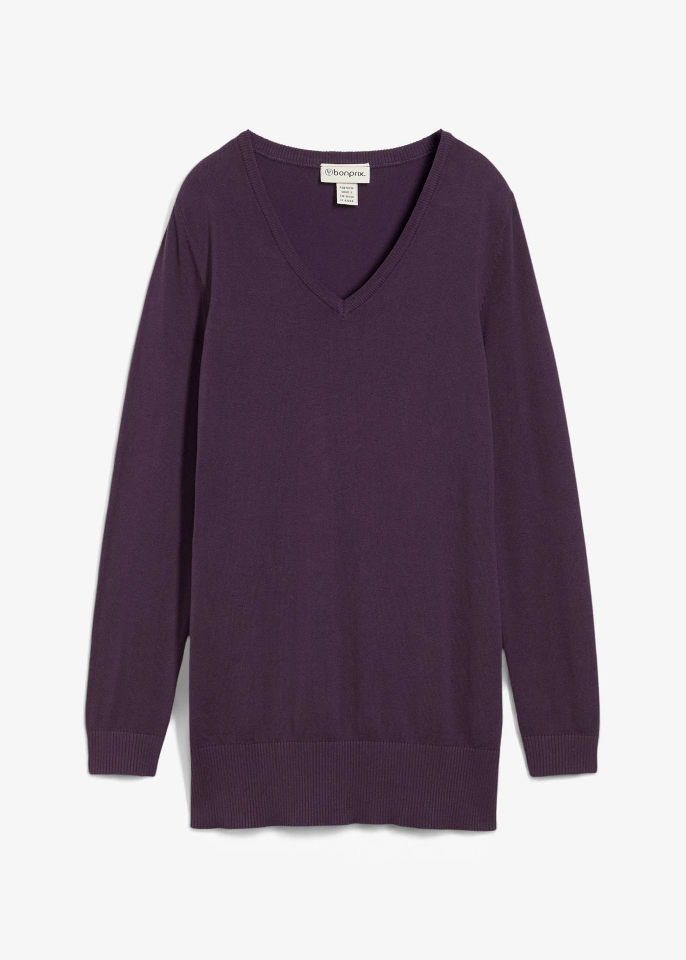 Długi sweter z cienkiej dzianiny z kolekcji basic z dekoltem w serek • śliwkowy • sklep bonprix