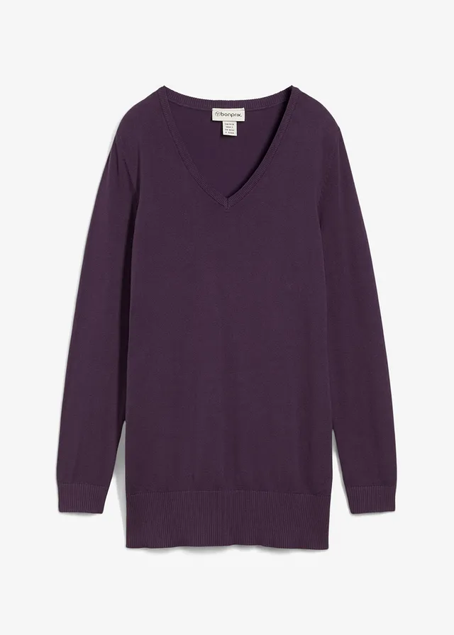 Długi sweter z cienkiej dzianiny z kolekcji basic z dekoltem w serek • śliwkowy • sklep bonprix