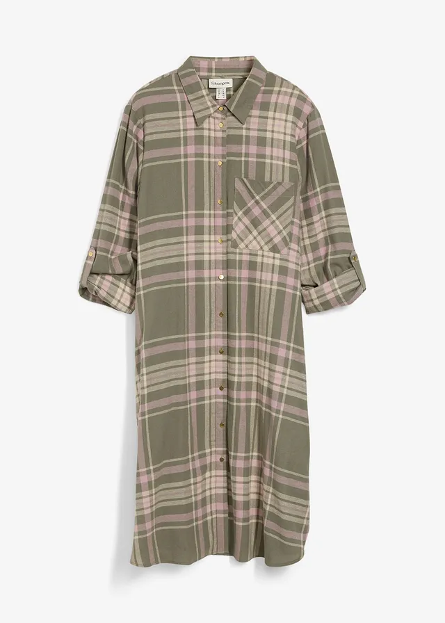 Košilové šaty z čisté bavlny • olivovo-růžovohnědo-bílá kostka • bonprix obchod