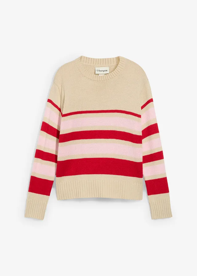 Finom kötésű pulóver • világos homok/mélypiros/púder rózsaszín csíkos • bonprix áruház