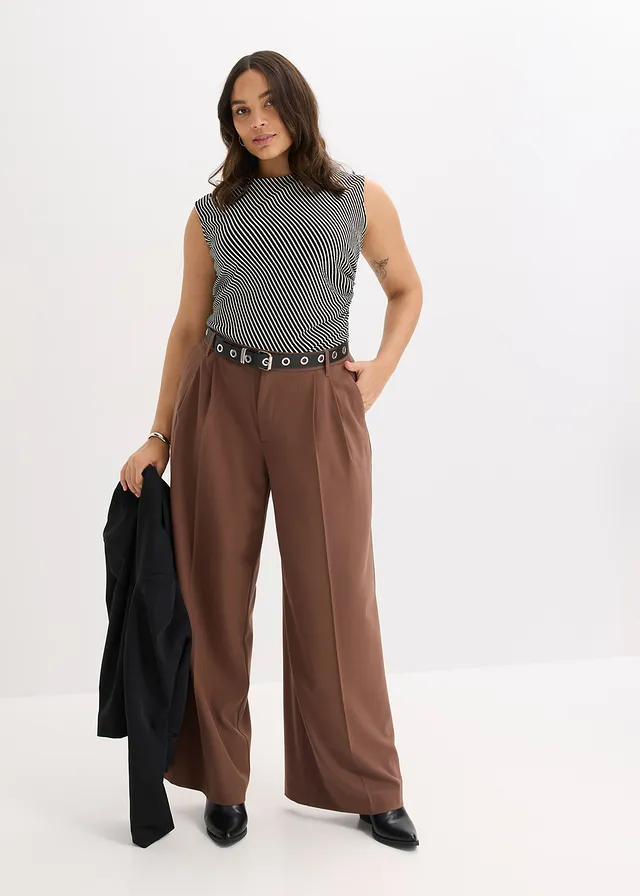Pantalon fluide à pinces en viscose mélangée, Couleur: marron