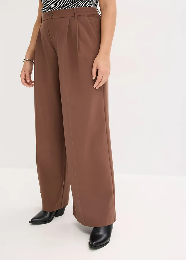 Pantalon fluide à pinces en viscose mélangée, Couleur: marron