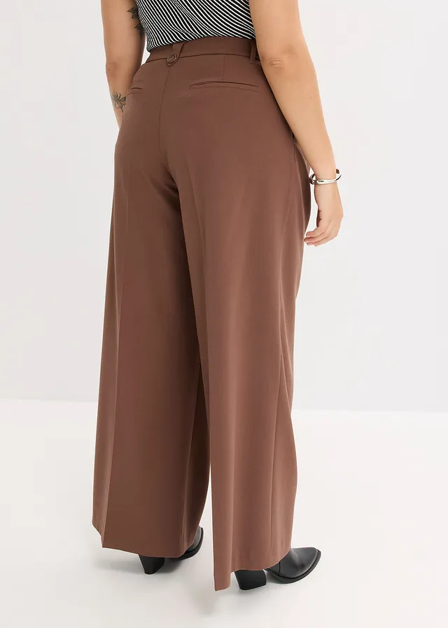 Pantalon fluide à pinces en viscose mélangée, Couleur: marron