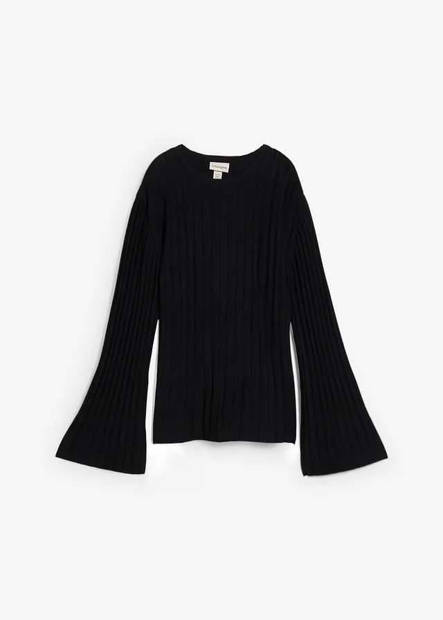 Pull plissé en fine maille en viscose mélangée • noir • Boutique bonprix