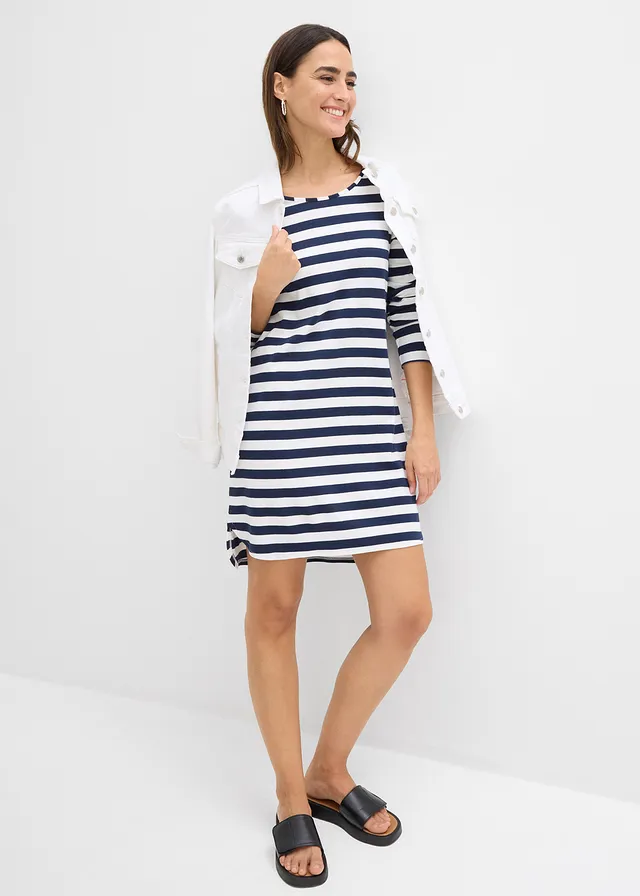 High-low jurk van zwaar katoen • donkerblauw/wolwit gestreept • bonprix online shop