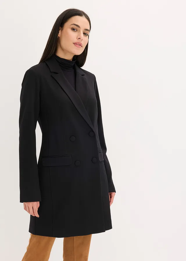 Blazer long en Punto di Roma, Couleur: noir