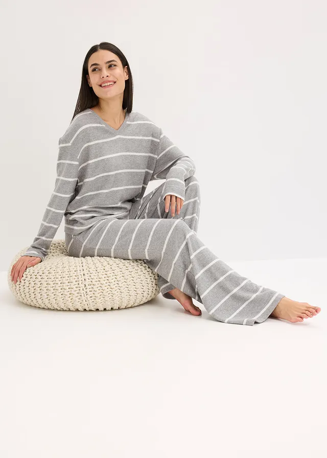 Oversized huispak van zacht materiaal, Kleur: grijs gemêleerd-ecru gemêleerd gestreept