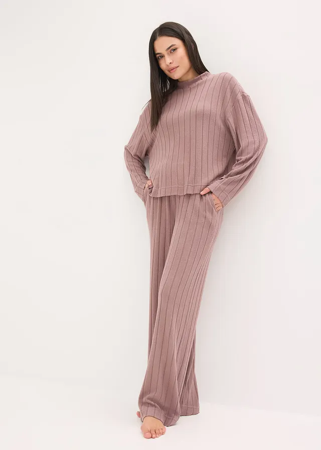 Oversized huispak van zacht ribmateriaal, Kleur: mat bruin